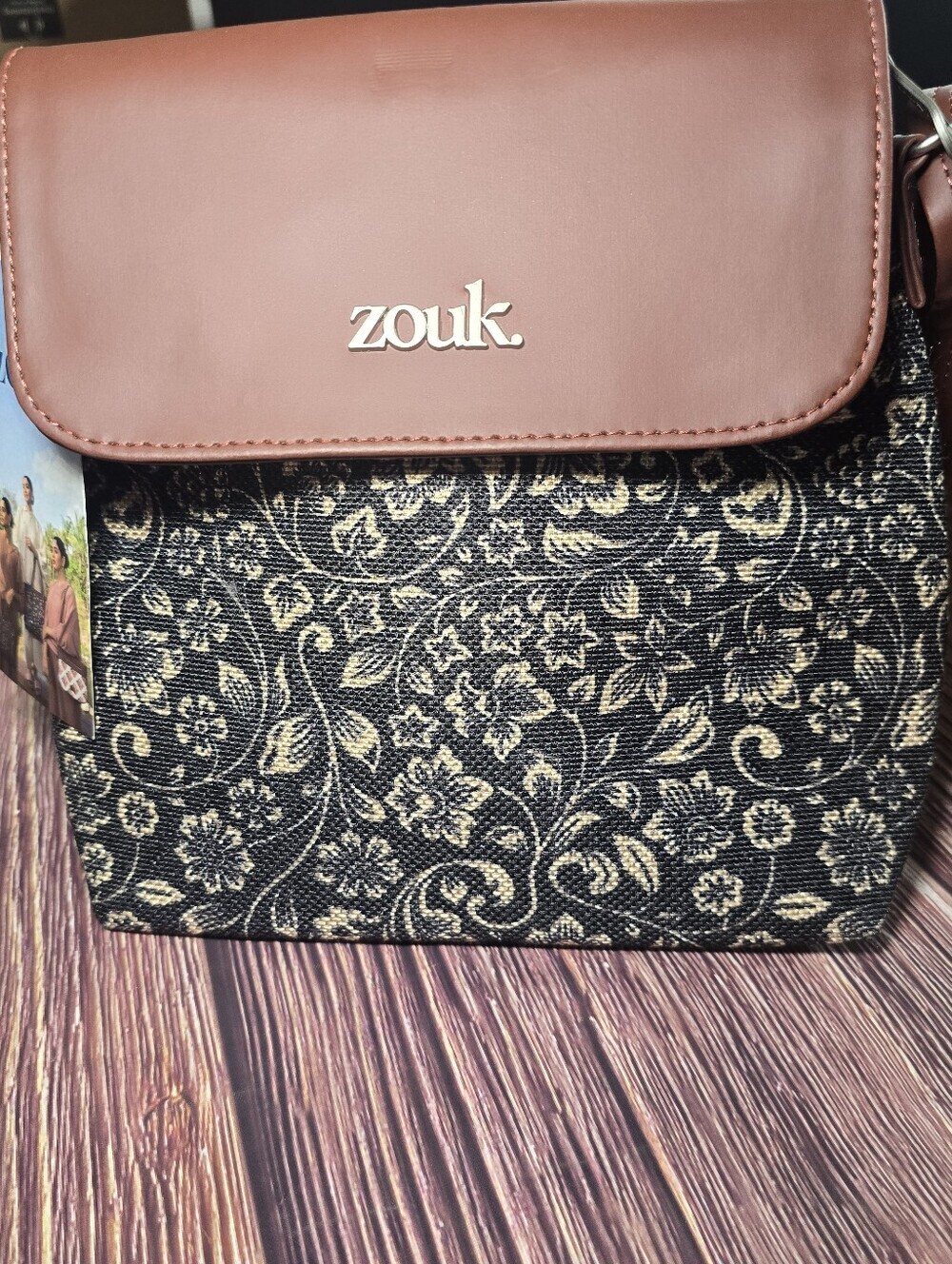 Zouk Ethnic Motifs Printed Structured Sling Bag w brown vegan leather flaP NWT